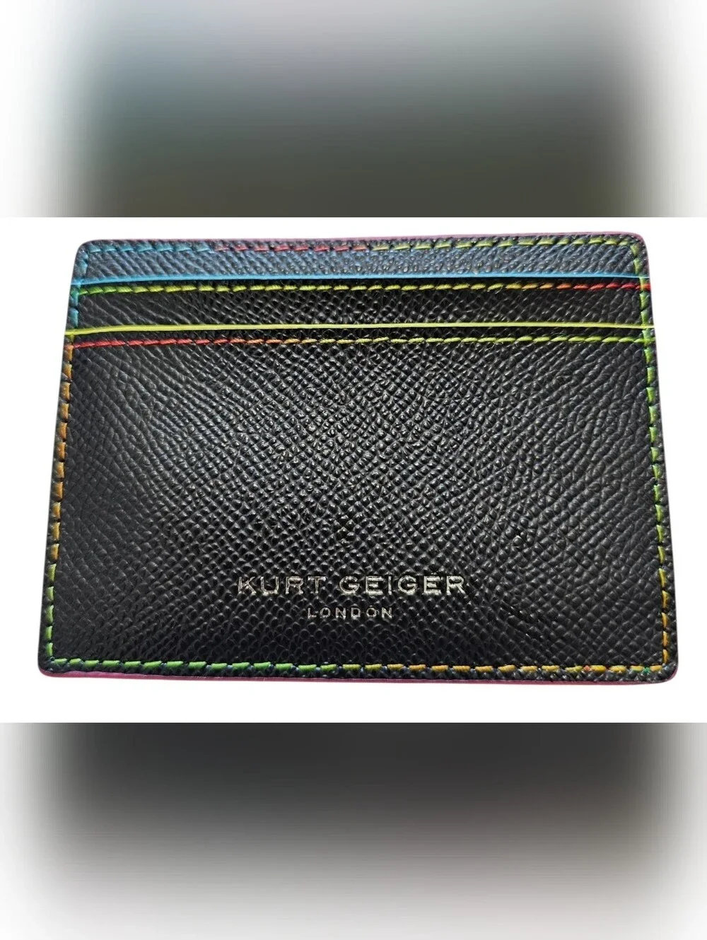 Kurt Geiger Black Leather Card Holder with Rainbow Stitching, New